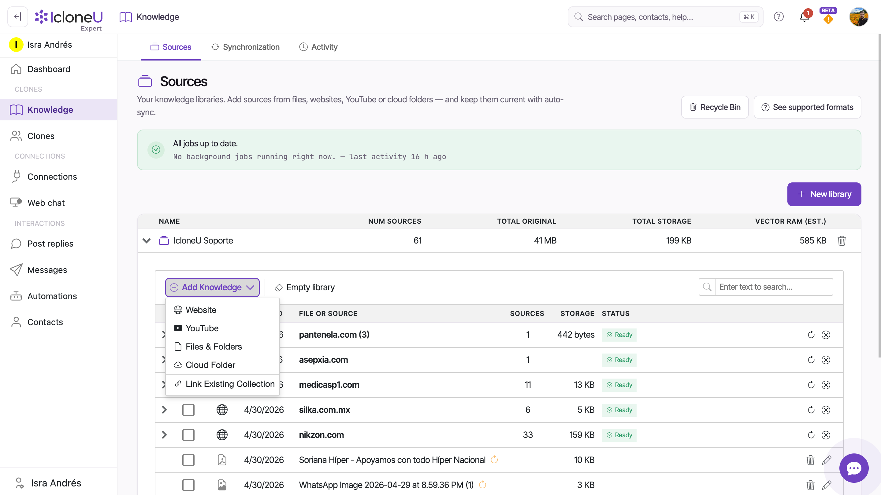 An expanded library with the Add Knowledge dropdown open and Files & Folders highlighted