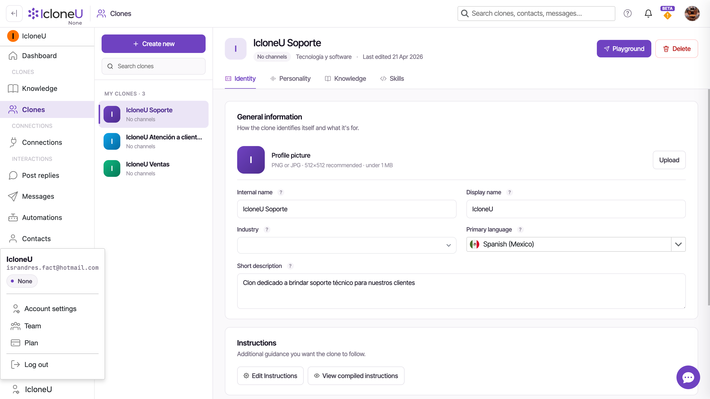 The Account options panel with the Clone dropdown open, listing the account's Clones