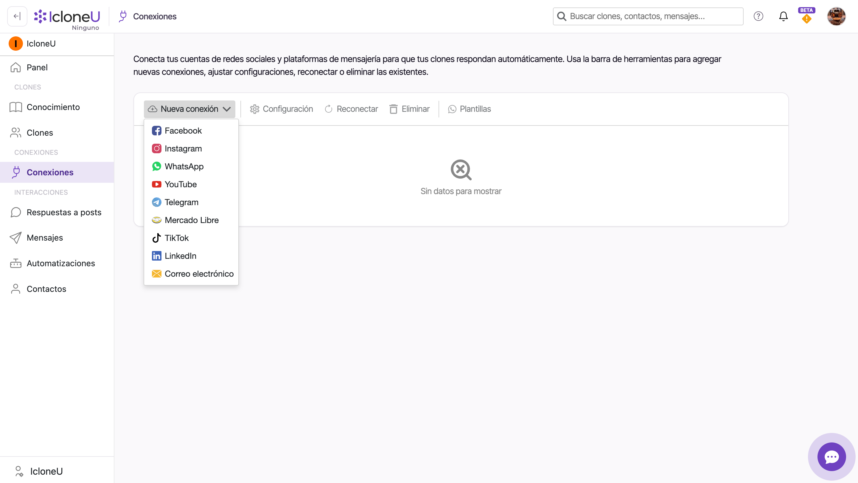 La página de Conexiones con el menú Nueva conexión abierto, mostrando los canales disponibles
