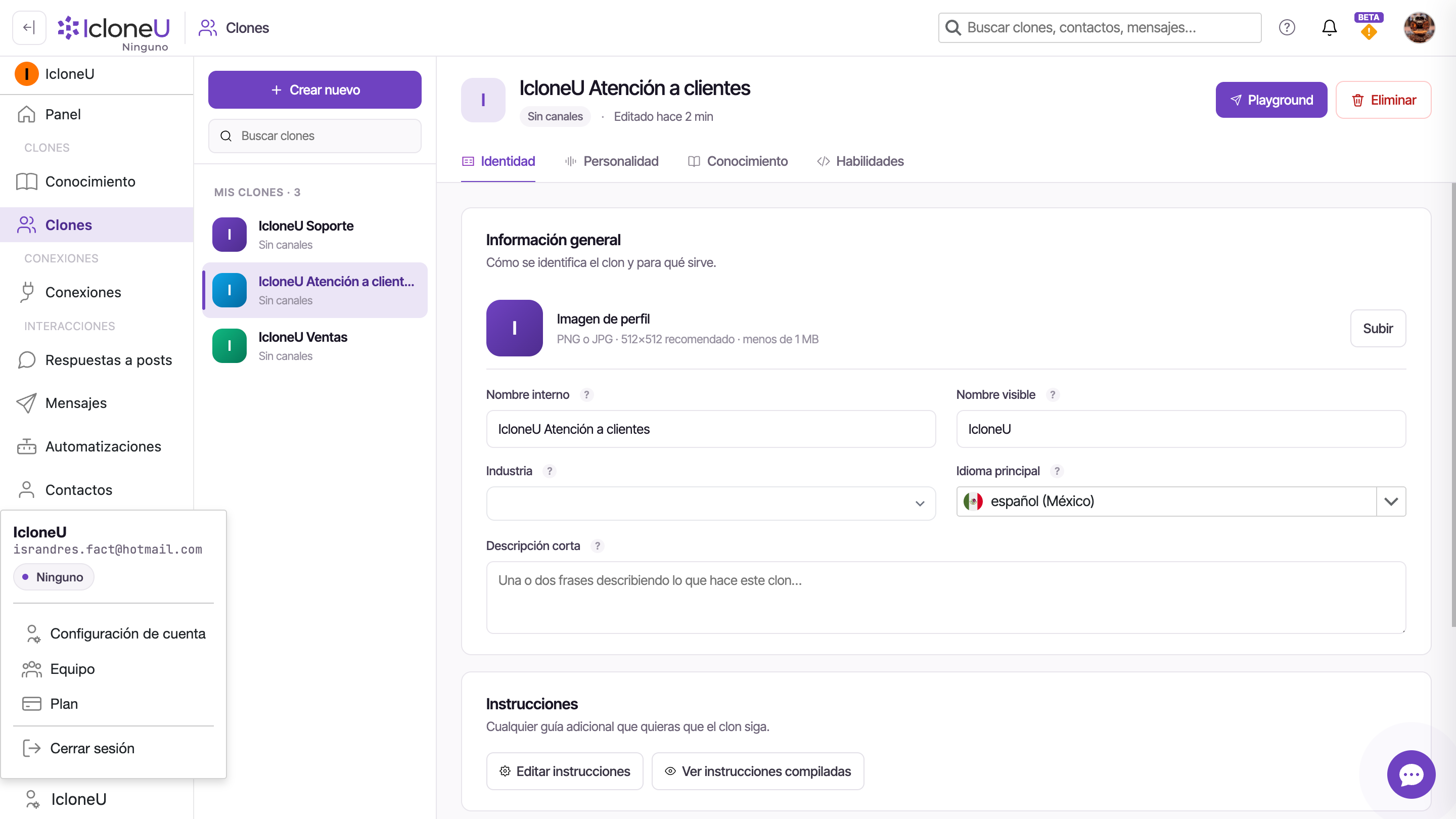 El panel Opciones para la cuenta con el menú Clon abierto, mostrando los Clones de la cuenta