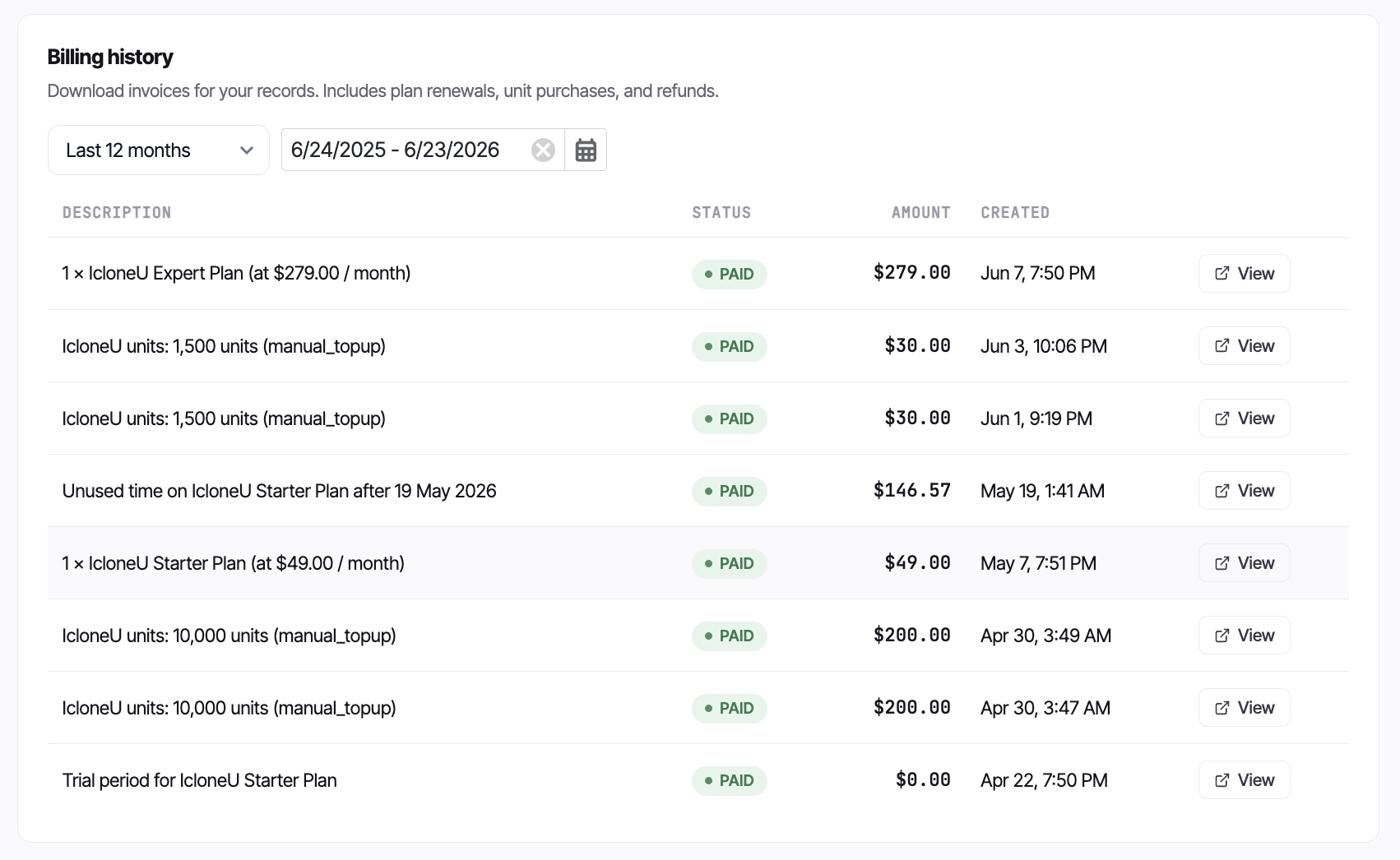 The Billing history table with a renewal row expanded and the View link highlighted