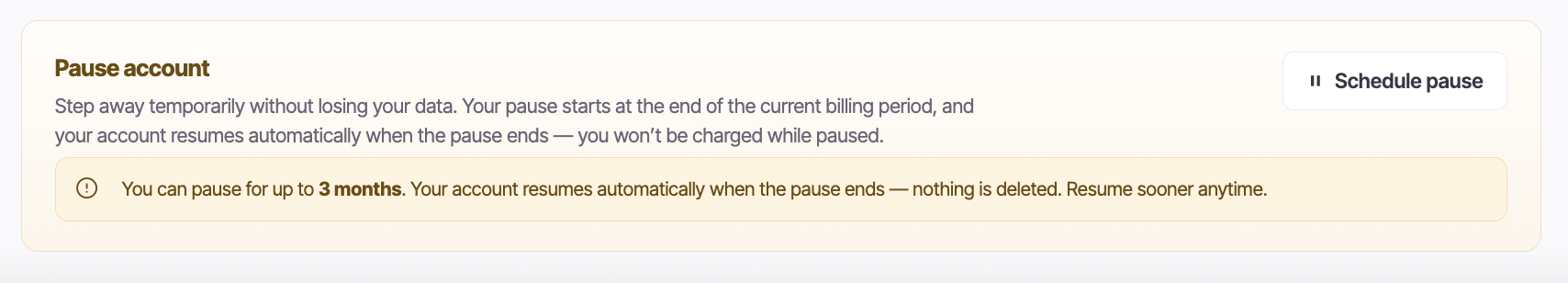 The Pause account card on the Billing tab, with the Schedule pause button and the note that you can pause for up to 3 months