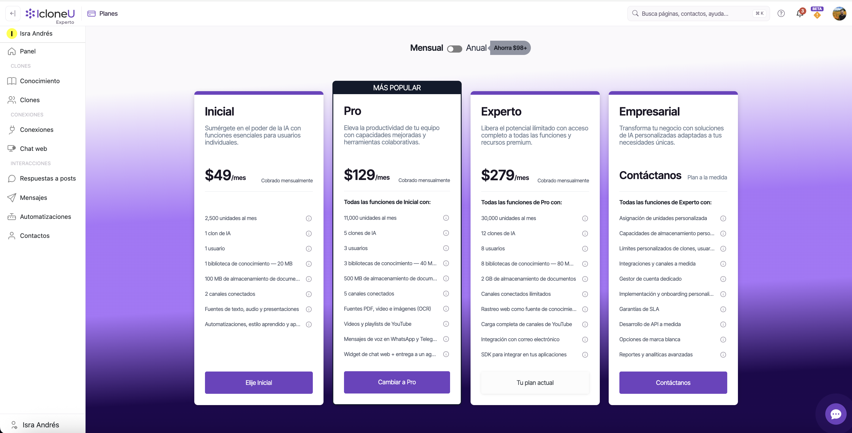 La página de Planes con el interruptor Mensual/Anual, las cuatro tarjetas de plan (Pro marcado como Más popular) y la tabla comparativa lado a lado debajo