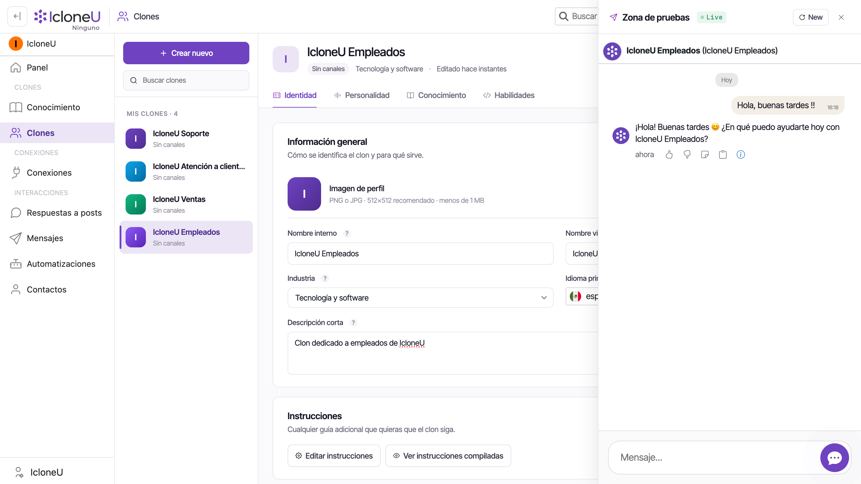 El panel de la Zona de pruebas abierto con la insignia Live, el botón New y un primer intercambio de prueba