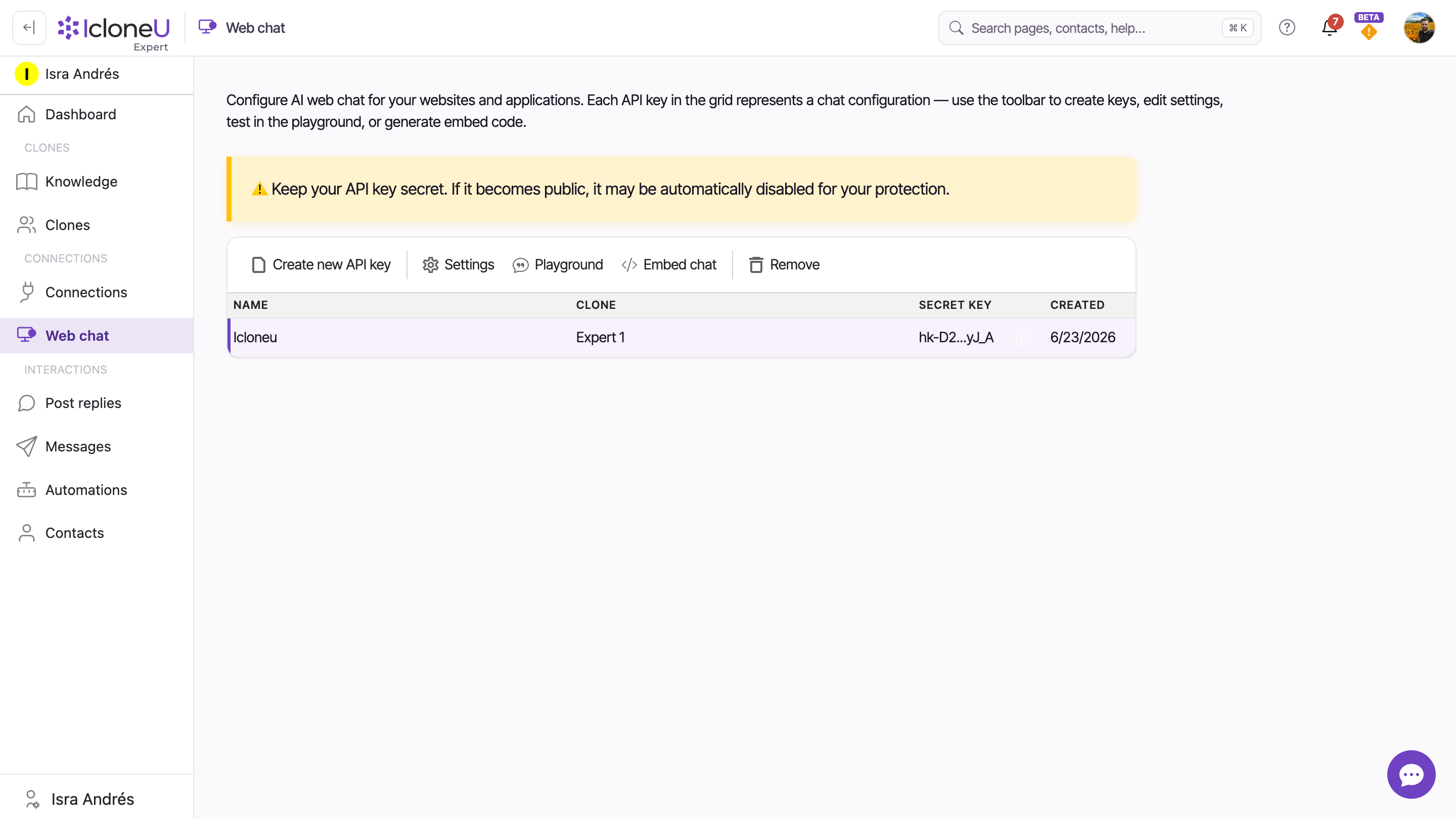 The Web chat page with the toolbar (Create new API key, Settings, Playground, Embed chat, Remove) and one key row showing Name, Clone, masked Secret key and Created