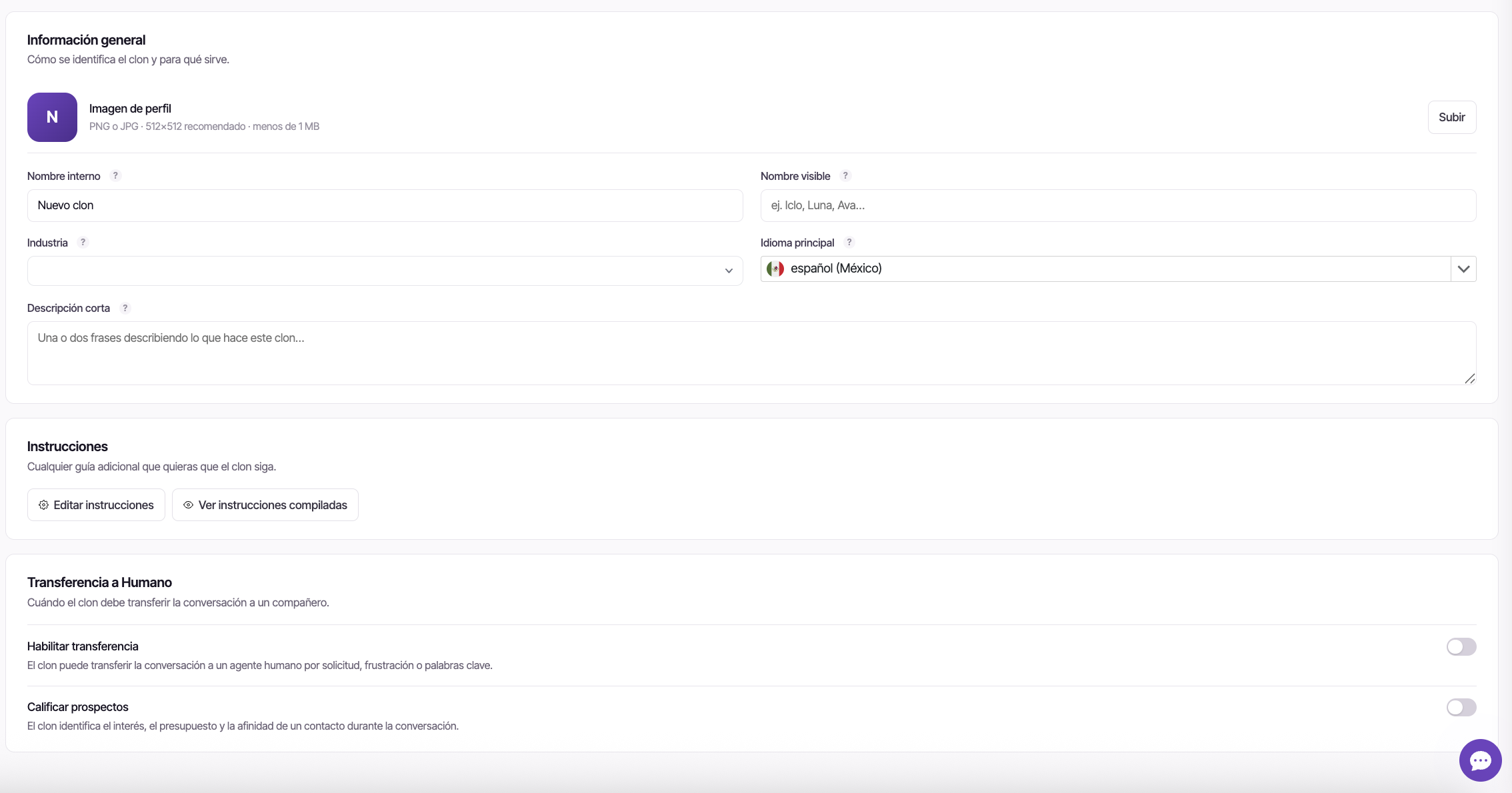 El espacio de Clones con la lista Mis clones, el Expert 1 ya creado seleccionado y su pestaña Identidad abierta