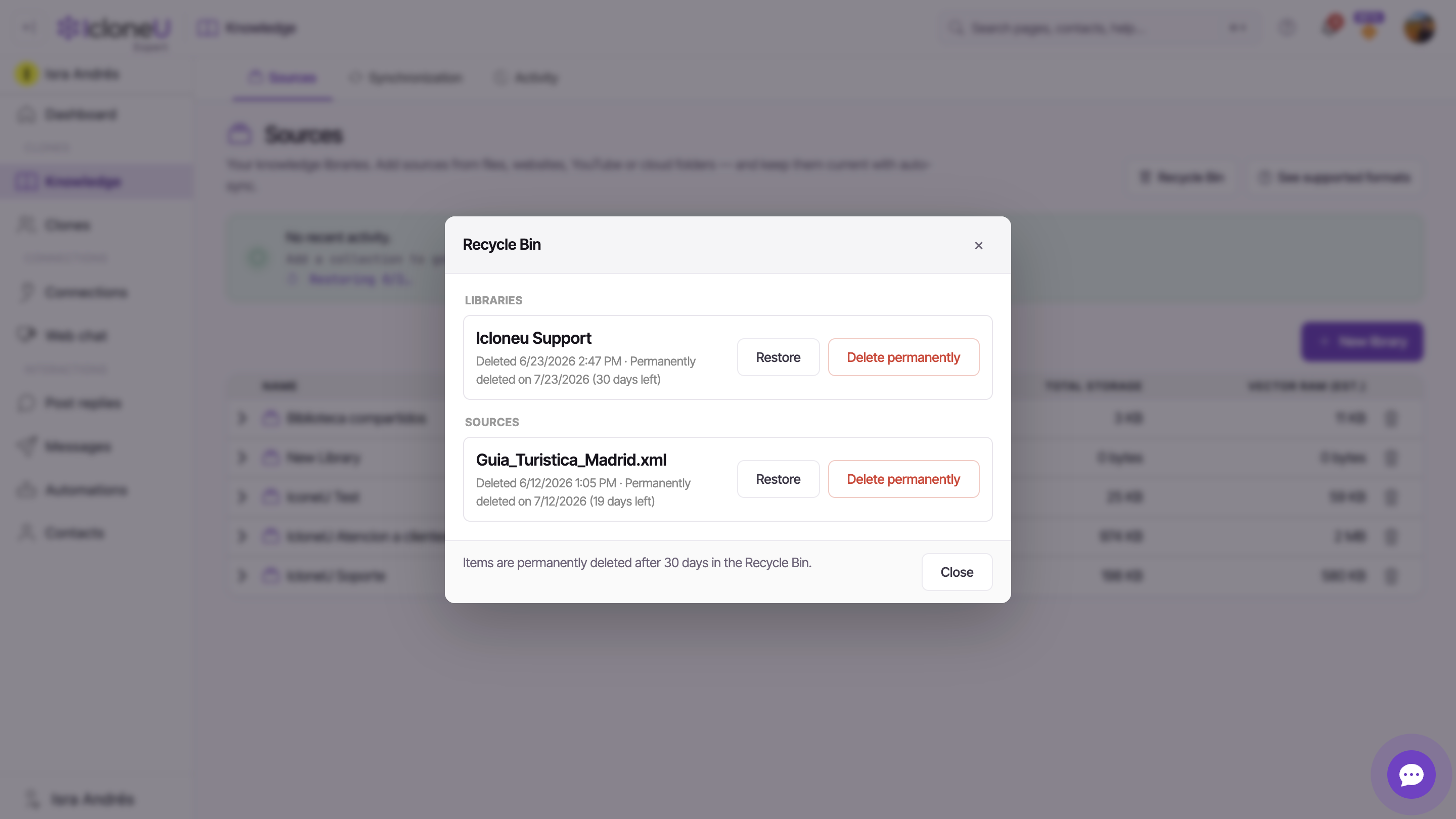 The Recycle Bin popup with the Libraries / Collections / Sources sections, a per-item 'Permanently deleted on … (N days left)' line, and the '30 days' retention footer