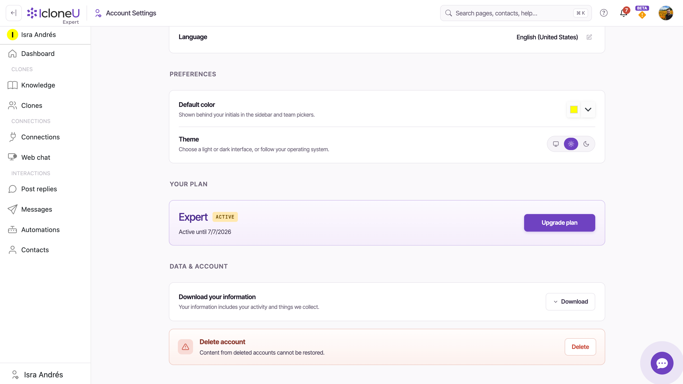 The Data & account section of Account Settings, showing the red Delete account card with the 'Content from deleted accounts cannot be restored.' warning and the Delete button