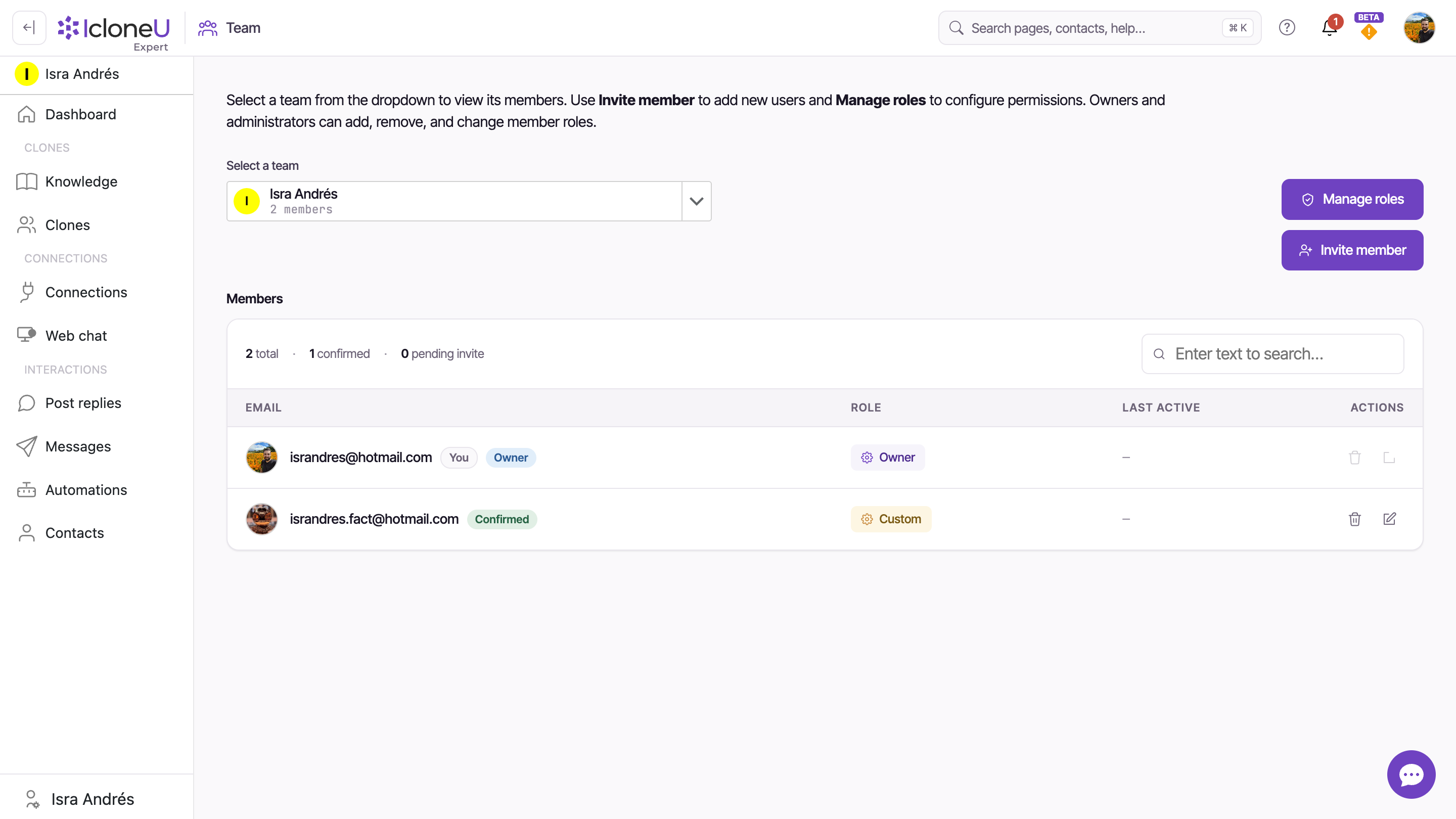 The Team page with the Members grid, the team selector at top, and the Invite member and Manage roles buttons
