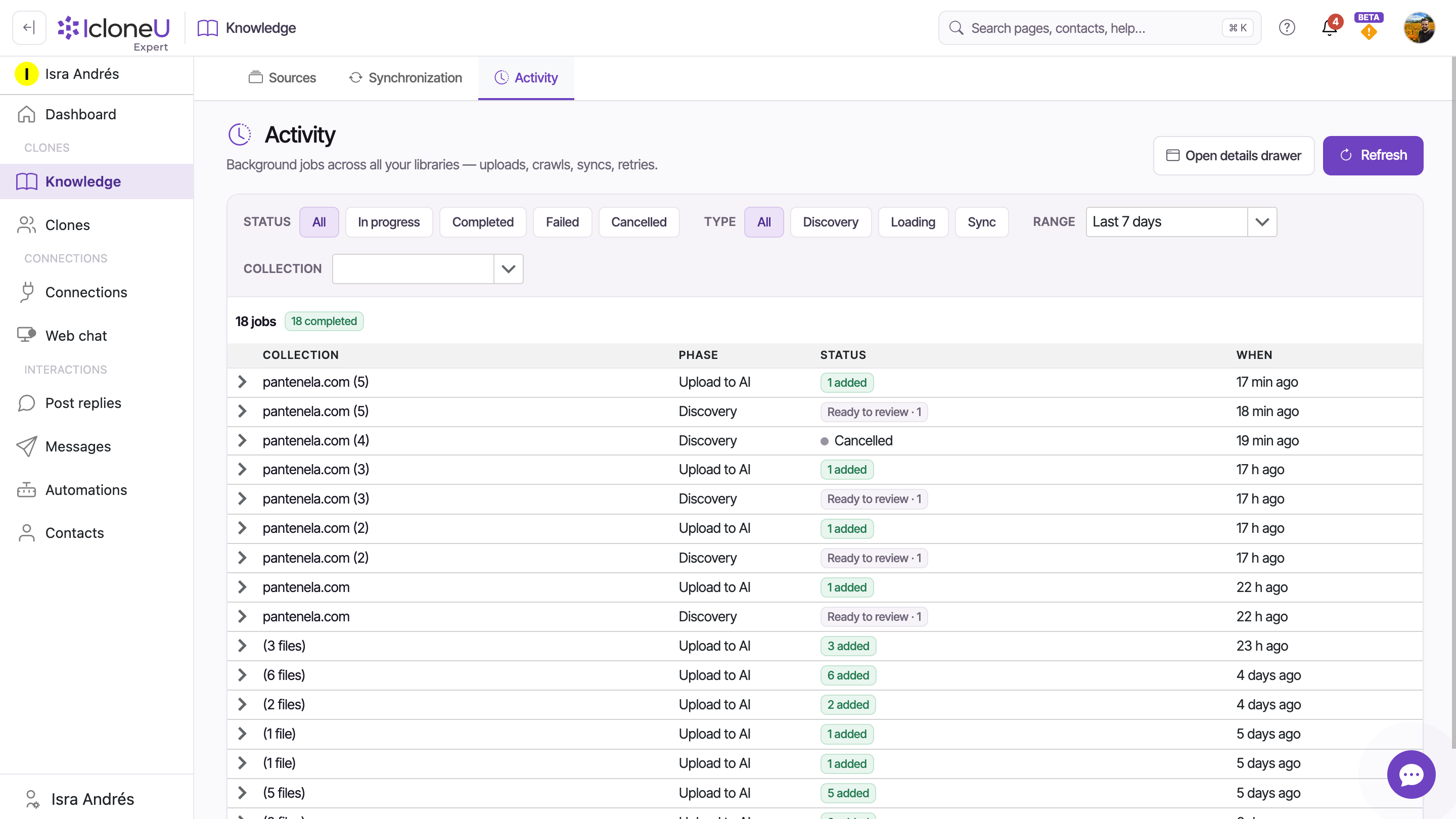 The Activity sub-tab: Status, Type, Range and Collection filters above the job feed