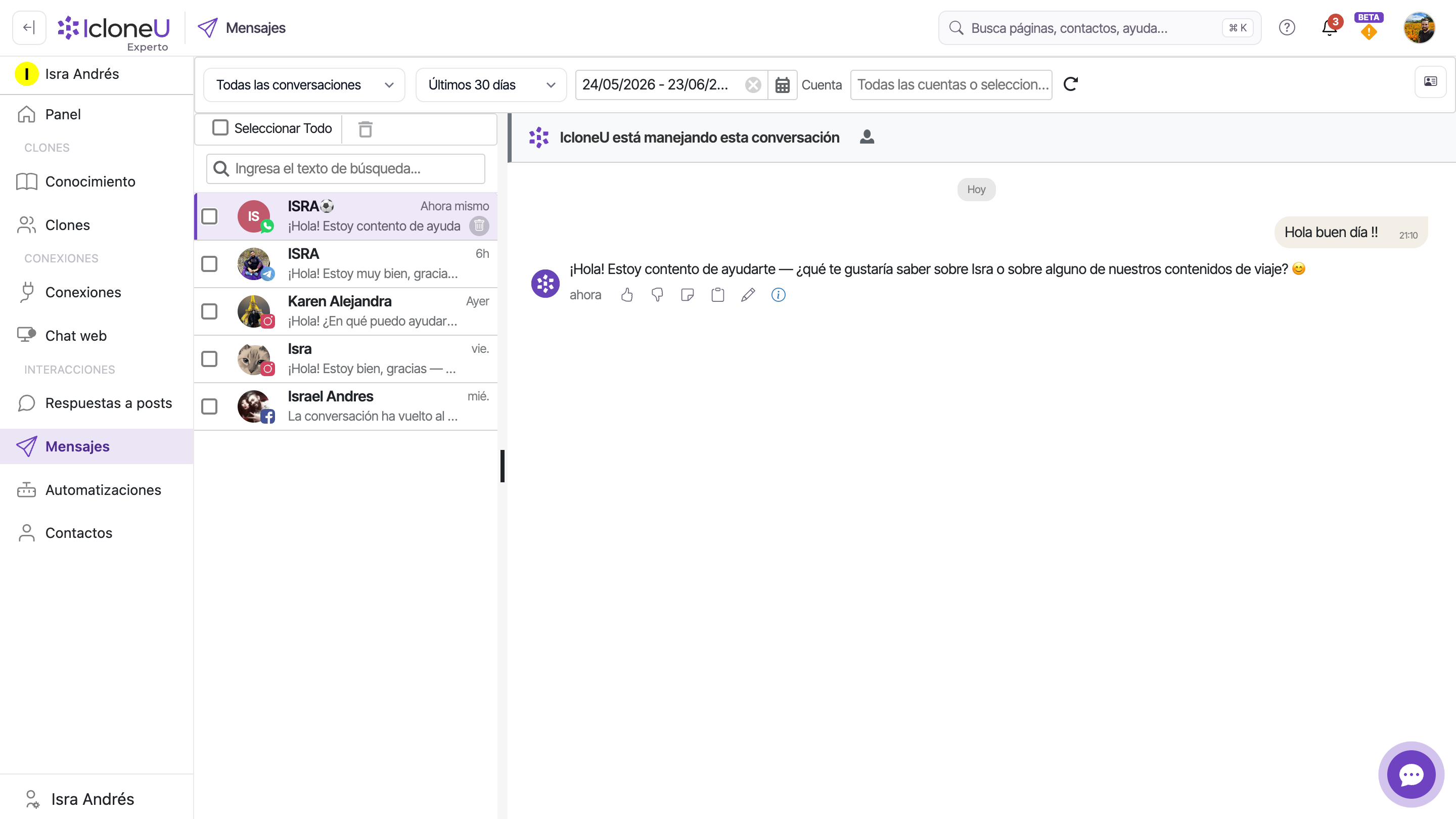 La página de Mensajes con una conversación abierta: el mensaje entrante visible en el panel derecho, sin respuesta del Clon después
