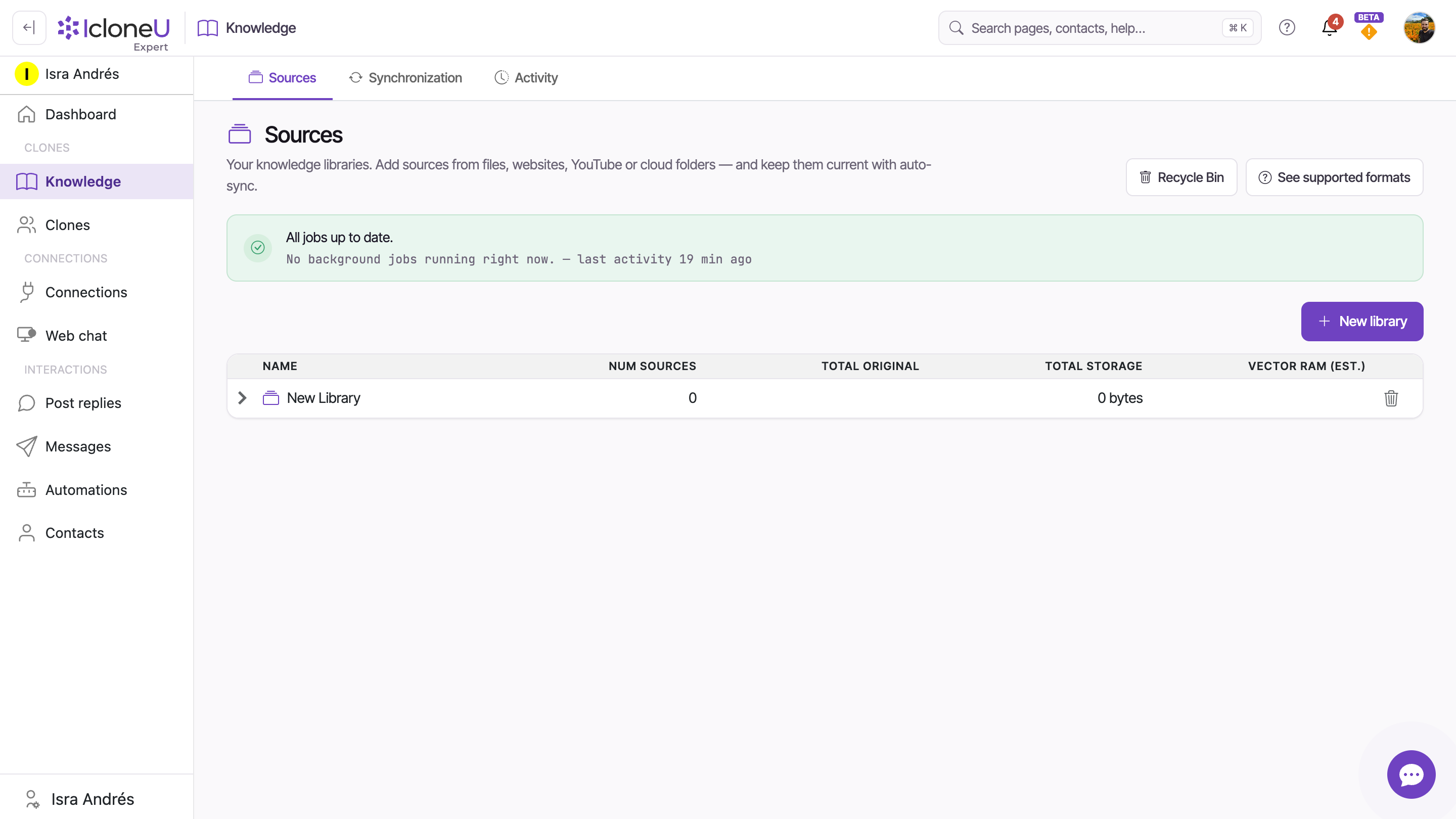 The Knowledge page with the + New library button and a newly created library in the list