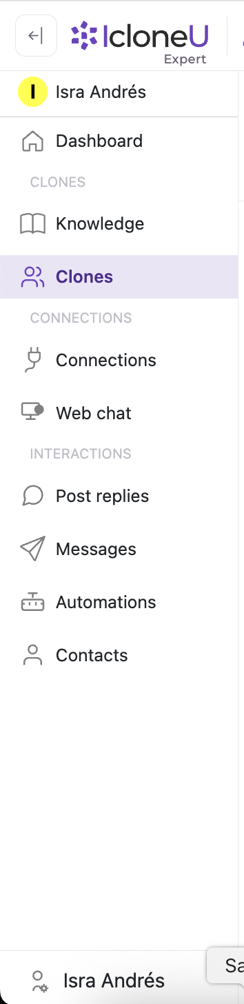 The IcloneU left sidebar with Dashboard, Clones, Knowledge, Connections, API keys, Post replies and Messages labelled
