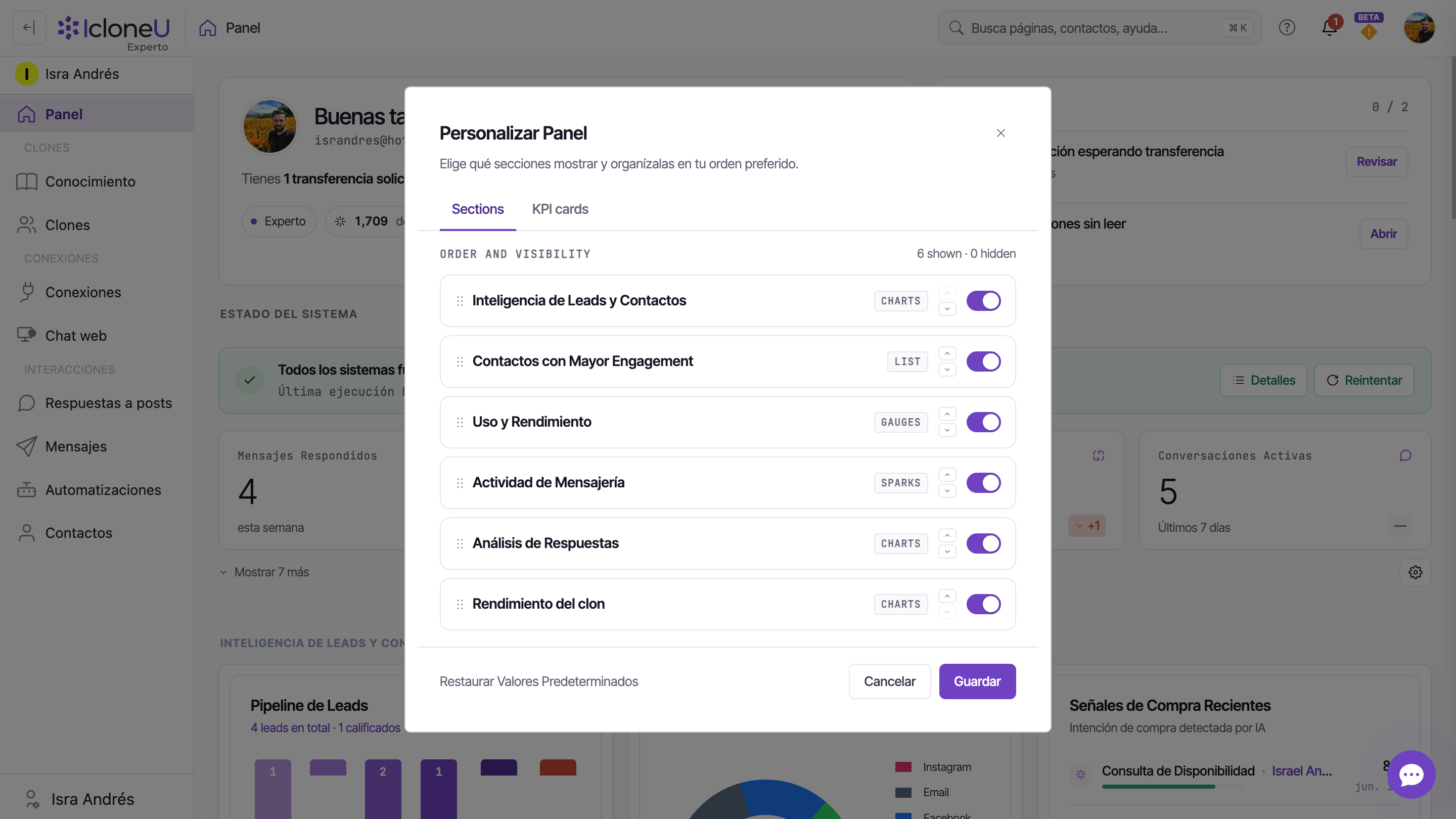 El modal Personalizar Panel con las sub-pestañas Secciones y Tarjetas KPI, sus asas para arrastrar, interruptores y los controles Restaurar Valores Predeterminados / Guardar