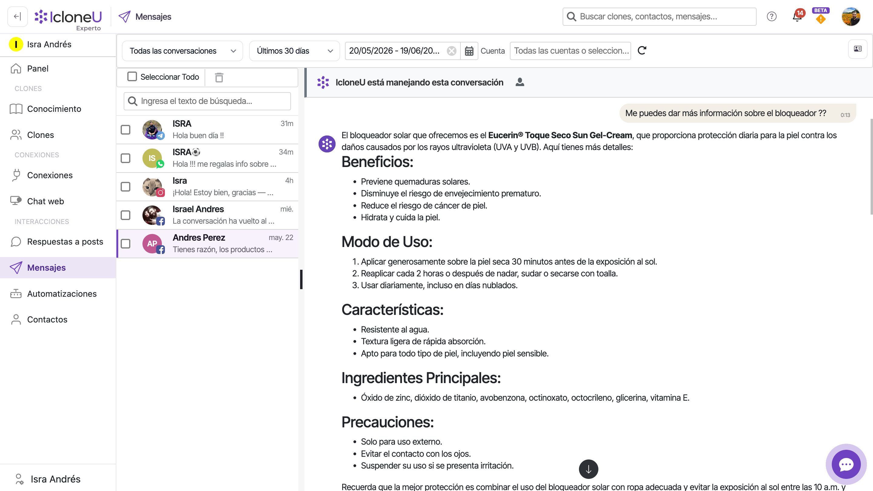La superficie de Mensajes con una conversación abierta: lista de conversaciones a la izquierda, transcripción a la derecha y el encabezado 'IcloneU está manejando esta conversación' arriba