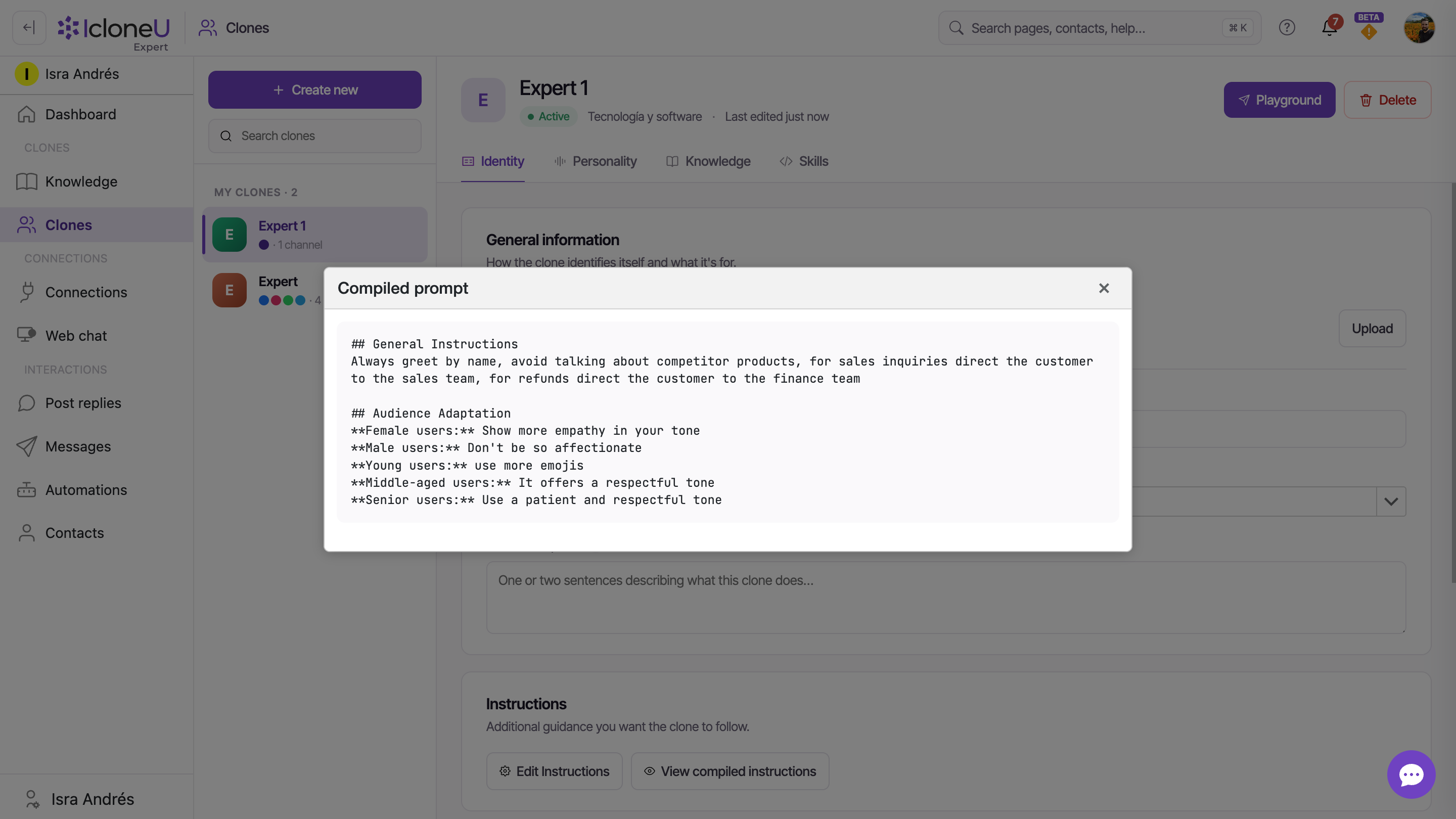 The Compiled prompt modal showing an assembled system prompt