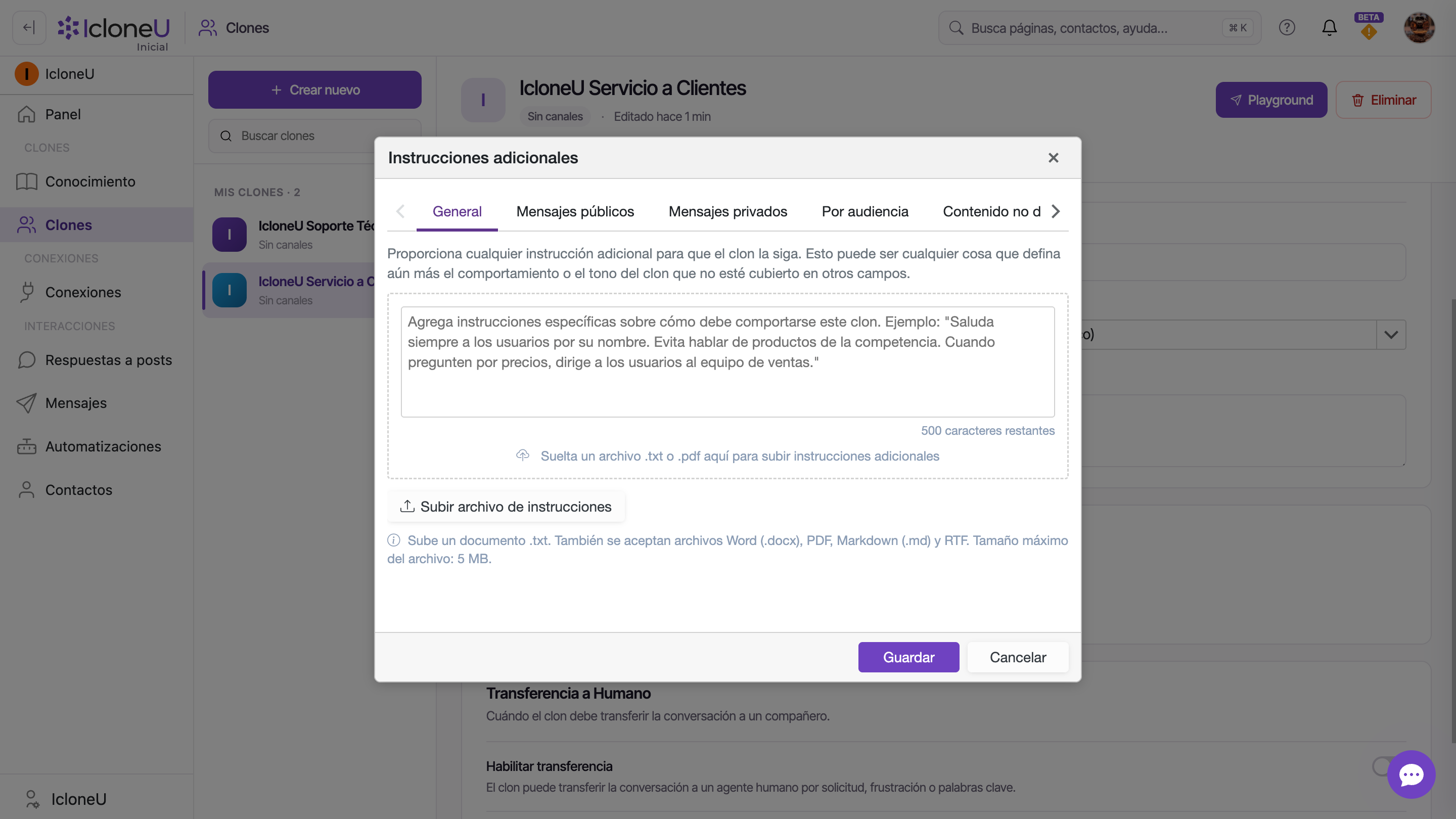 El modal Instrucciones adicionales abierto en su sub-pestaña General, con las cinco sub-pestañas visibles