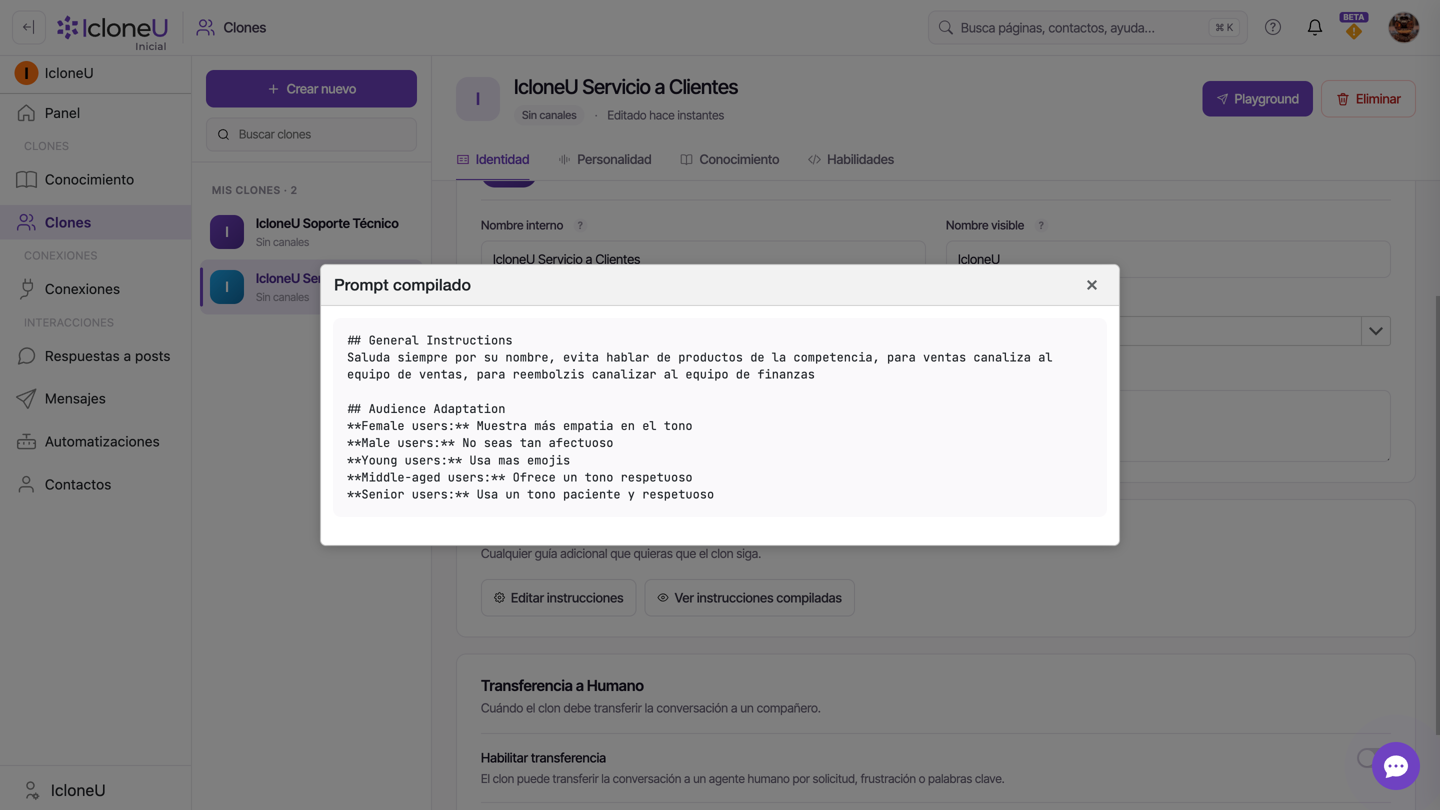 El modal Prompt compilado mostrando las instrucciones del Clon ensambladas