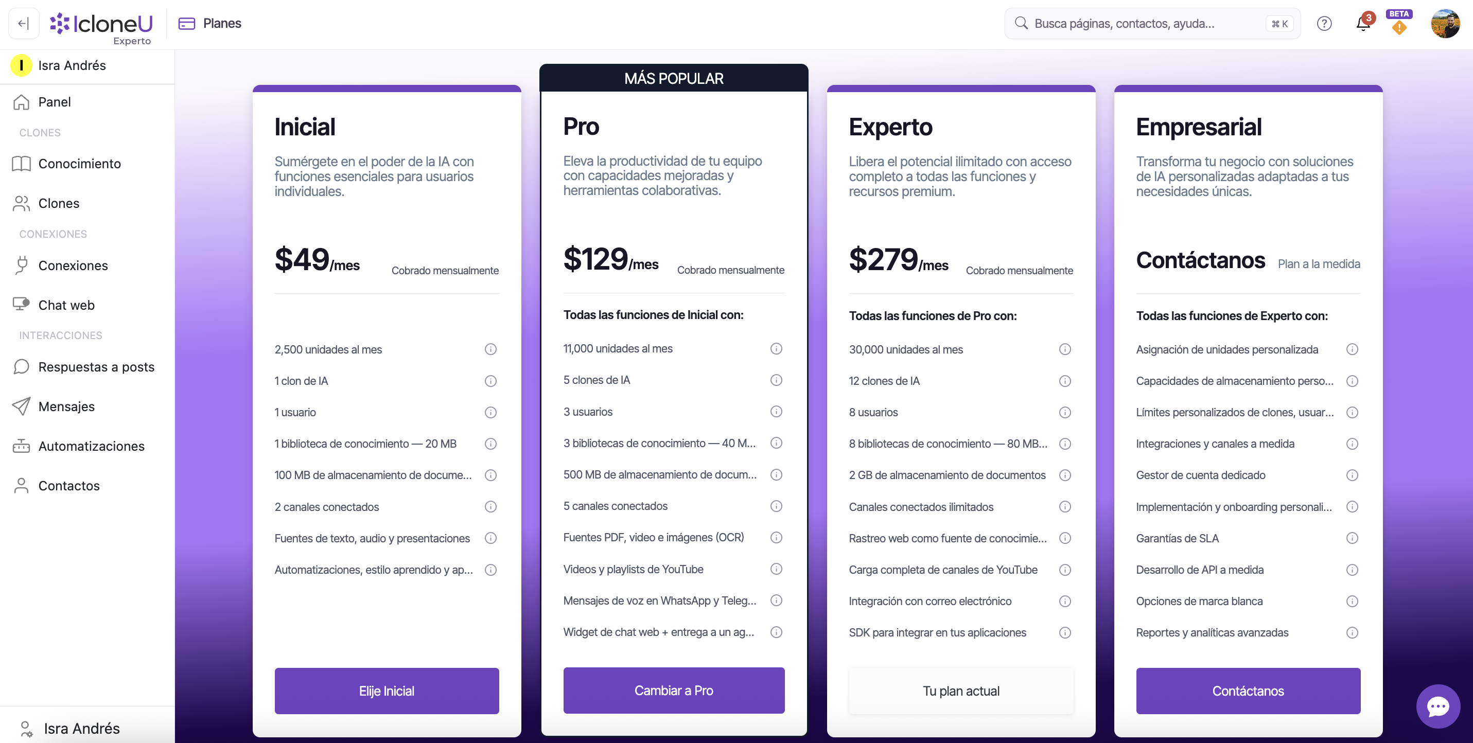 Las tarjetas de niveles de la página de Planes con la línea de Conexiones de cada tarjeta resaltada