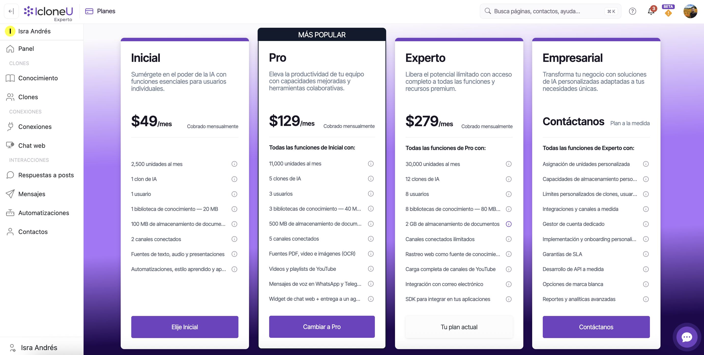 La página de Planes con cuatro tarjetas de nivel (Inicial, Pro, Experto, Empresarial), el plan actual marcado como Tu plan actual, Pro señalado como Más popular y botones para cambiarte a los niveles más pequeños