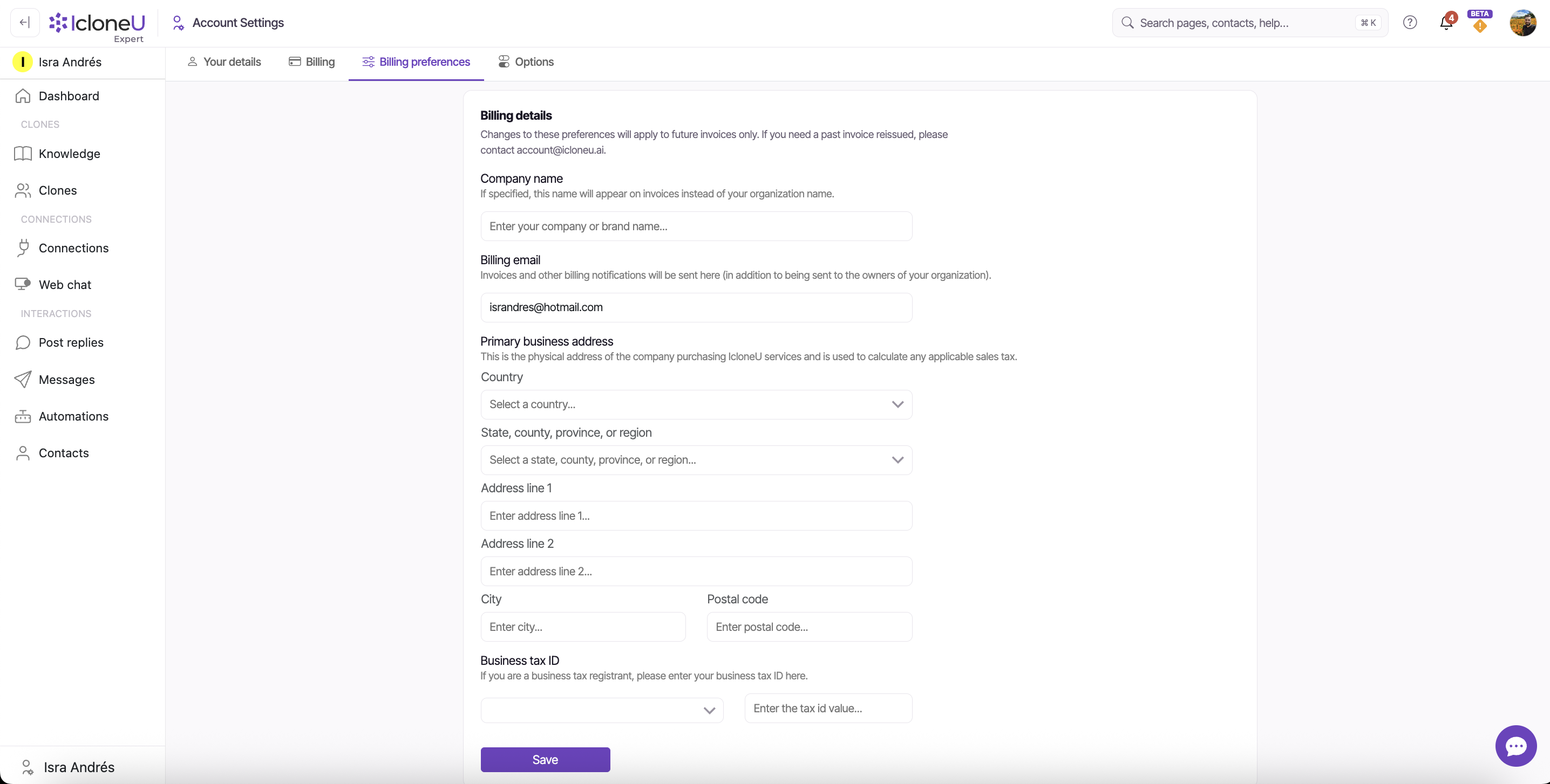 The Billing details form on the Billing preferences tab: Company name, Billing email, Primary business address, Business tax ID and the Save button