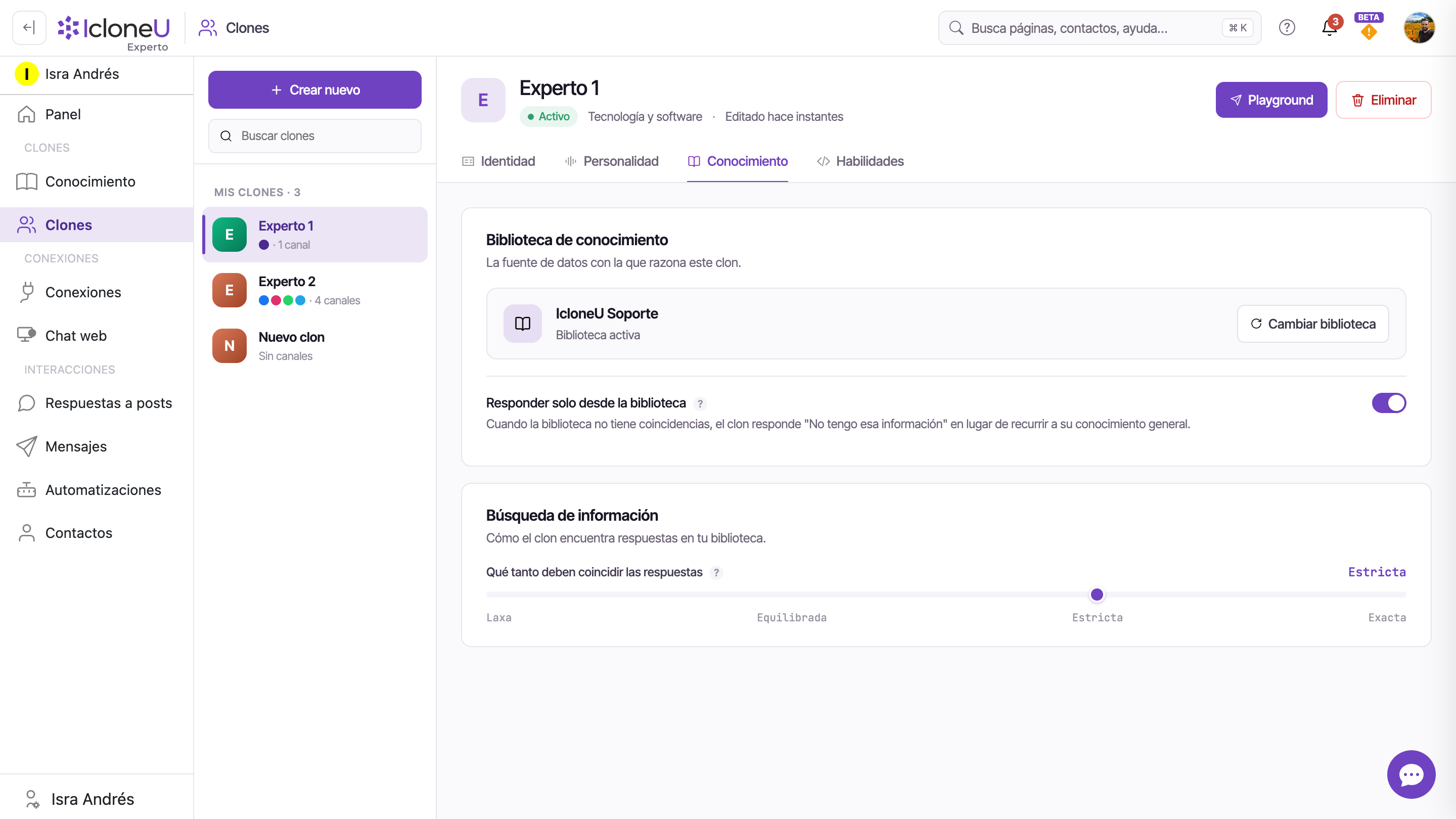 La pestaña Conocimiento de un Clon: el selector de biblioteca, el interruptor Responder solo desde la biblioteca y el control deslizante de cuatro posiciones
